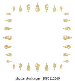 Fresh hand drown ice cream cone frame.  Vector ice cream horn border isolated on white background. Waffle dessert frame in orange, pink and green  colors for fashion brochure bezel print.