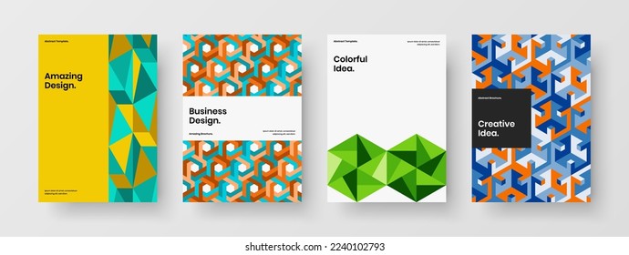 Fresh handbill design vector concept bundle. Original mosaic hexagons book cover layout composition.
