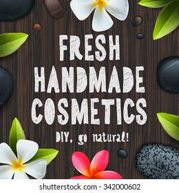 Fresh handmade organic cosmetics, herbal and natural ingredients, vector illustration.