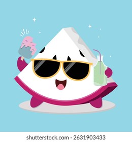 Fresh And Happy Cartoon Dragon Fruit Slice Character Illustration With Ice Cream And A Bottle Of Juice
