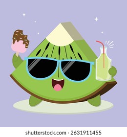 Fresh And Happy Cartoon Kiwi Fruit Slice Character Illustration With Ice Cream And A Bottle Of Juice
