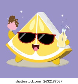 Fresh And Happy Cartoon Lemon Fruit Slice Character Illustration With Ice Cream And A Bottle Of Juice
