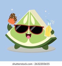 Fresh And Happy Cartoon Lime Fruit Slice Character Illustration With Ice Cream And A Bottle Of Juice