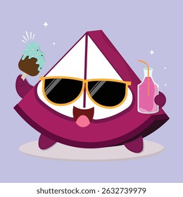 Fresh And Happy Cartoon Mangosteen Fruit Slice Character Illustration With Ice Cream And A Bottle Of Red Juice