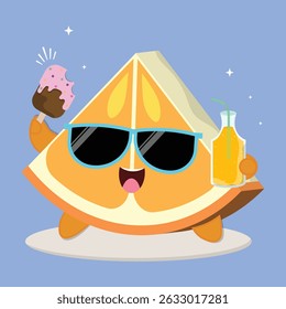 Fresh And Happy Cartoon Orange Fruit Slice Character Illustration With Ice Cream And A Bottle Of Juice