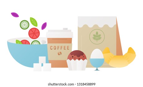Fresh Healthy Breakfast in Flat Style. Food and Drinks on White Background. Vector Illustration.