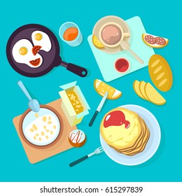 Fresh healthy breakfast food and drinks top view. Egg and sandwich, cereal, bread and butter, milk flat vector illustration isolated on blue backgraund