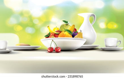 Fresh and healthy breakfast table set with bowl of fruits.