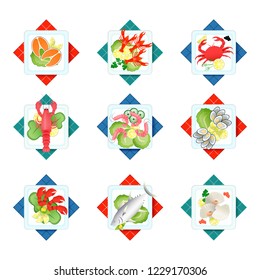 Fresh healthy dinner of sea animals. Delicious dishes of shrimp, fish, baby, crabs, oysters and others.