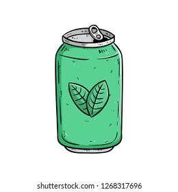 fresh healthy drink in can with colored hand drawn style