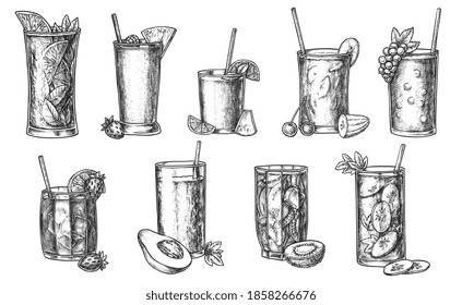 Fresh Healthy Drink Diet Menu Hand Drawn Sketch. Smoothie, Shake, Detox Cocktail, Lemonade, Organic Fruit And Berry Juice In Glass, Jar Or Jug Vector Illustration Isolated On White Background