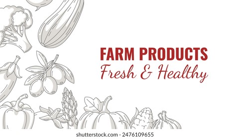 Fresh and healthy farm products, vector horizontal banner with minimalist frame of vegetables icons. Space for text, isolated background. Organic food, natural veggies. For poster, menu, flyer