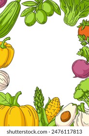 Fresh and healthy farm vegetables, vector vertical poster a4, colorful icons frame. Space for text, isolated background. Organic food, natural veggies. For banner, menu, flyer, cover, farmers market