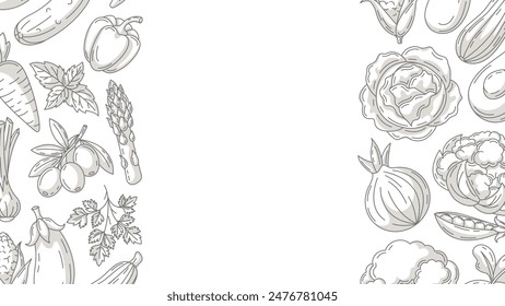 Fresh and healthy farm vegetables, vector minimalist horizontal banner, veggies icons border frame. Space for text, isolated background. Organic product. For poster, menu, flyer, cover, invitation