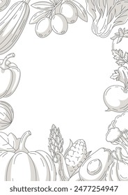 Fresh and healthy farm vegetables, vector minimalist vertical poster a4, black and white icons frame. Space for text, isolated background. Organic food, natural veggies. For banner, menu, flyer, cover