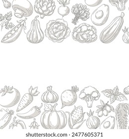 Verduras de granja frescas y saludables, poster cuadrado minimalista de Vector, marco de borde de iconos monocromos de verduras. Espacio para texto, fondo aislado. Producto ecológico. Para póster, menú, portada, redes sociales