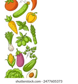 Fresh and healthy farm vegetables, vector colorful square poster, veggies icons left border frame. Space for text, isolated background. For card, poster, menu, cover, social media. Organic vegan food