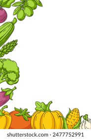 Fresh and healthy farm vegetables, vector minimalist vertical poster a4, veggies colorful icons corner frame. Space for text, isolated background. For card, banner, menu, cover, social media