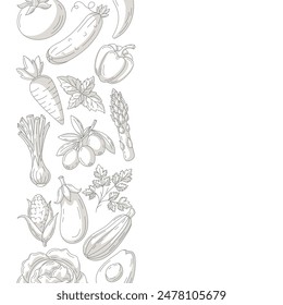 Fresh and healthy farm vegetables, vector monochrome square card, veggies icons left border frame. Space for text, isolated background. For poster, menu, cover, social media. Organic vegan food