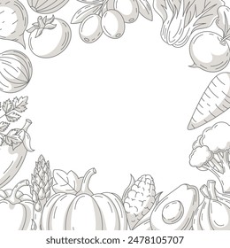 Fresh and healthy farm vegetables, vector monochrome square poster, veggies icons border frame. Space for text, isolated background. For card, poster, menu, cover, social media. Organic vegan food