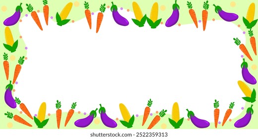 Fresh and healthy farm vegetables, vector colorful poster, veggies icons border frame. Space for text, isolated background. For card, poster, menu, cover, social media. Organic vegan food concept.