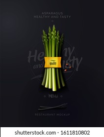 Fresh and healthy food. A bunch of asparagus on a black background. Organic food. Vector illustration of a top view.