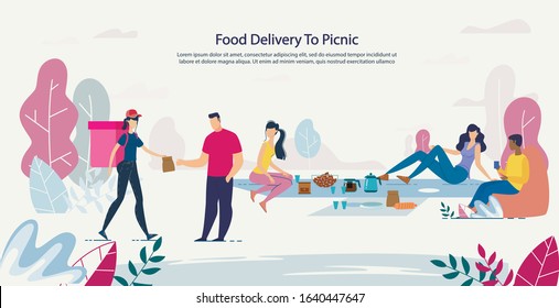 Fresh Healthy Food Delivery to Picnic Service. Advertising Poster with Happy People Rest on Nature Order Meal Basket for Lunch. Woman Courier Carrying Package with Ready Takeaway Dishes