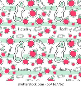 Fresh healthy food pattern vector seamless. Trend wallpaper for bio products, organic shops, detox diet and eco cafe. Bottles of water and apples on mint stripes background.