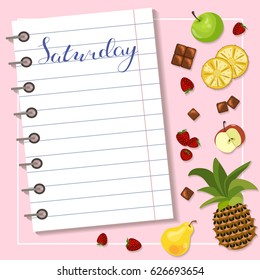 Fresh healthy food and sheet of diet plan for saturday in flat design. Vector illustration eps 10