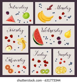 Fresh healthy food and sheet of diet plan for Sunday in flat design. Vector illustration eps 10