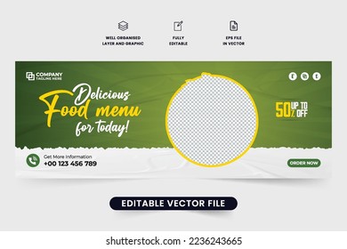 Fresh  Healthy food social media cover template vector with green and yellow colors. Restaurant promotion web banner design for digital marketing. Delicious food menu advertisement banner template.