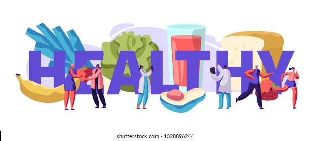 Fresh Healthy Food Typography Banner Design. Organic Meal for Diet Diabetes Health Concept. Salad and Fruit Menu for Vegetarian Lifestyle Advertising Poster Flat Cartoon Vector Illustration