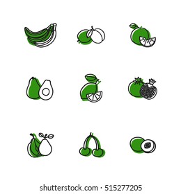 Fresh healthy fruit icons made in trendy line style in two colors - green and black.