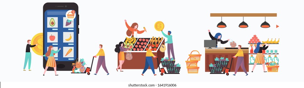 Fresh and healthy fruit and veg market stalls with male and female characters sellers and buyers, vector illustration. Bazar, online farmers market concept for web banner, website page etc.