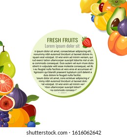 Fresh healthy fruits and berries vector illustration. Collection of fruits isolated. Set of elements for diet and healthy lifestyle or concept. Fruits frame. Template design. Vector illustration.