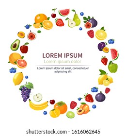 Fresh healthy fruits and berries vector illustration. Collection of fruits isolated. Set of elements for diet and healthy lifestyle or concept. Round frame. Template design. Vector illustration.