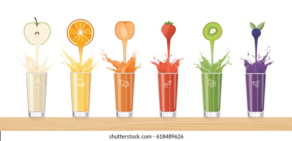 Fresh healthy juice pouring from tasty fruits into glasses and composing a rainbow, healthy drinks and variety concept