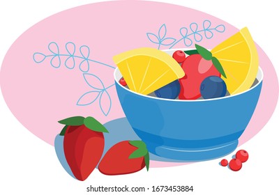 fresh healthy mixed fruit in a blue bowl against pink background