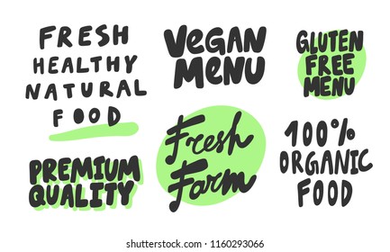 Fresh healthy natural food, vegan menu, free gluten, premium. Sticker for social media. Vector hand drawn illustration design. Bubble pop art comic style poster, t shirt print, post card, video blog