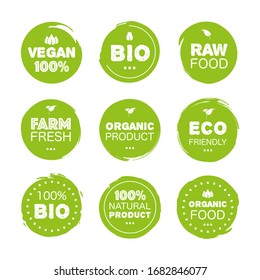 Fresh healthy organic vegan food set logo labels and tags the different design and green color. Vector hand drawn illustration.