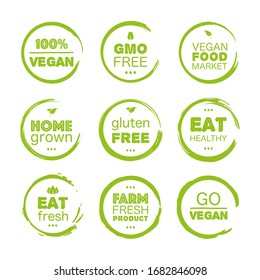 Fresh healthy organic vegan food set linear grunge logo labels and tags the different design and green color. Vector hand drawn illustration.