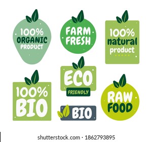 Fresh healthy organic vegan food logo labels and tags. Vector hand drawn illustration. Vegetarian eco green concept