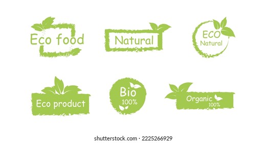 Fresh healthy organic vegan food logo labels and tags. Eco stickers for labeling package, food, cosmetics.  Set of Vegan, eco, bio, organic, fresh, healthy, nateral food