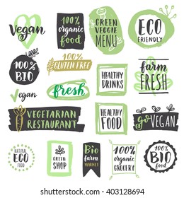 Fresh Healthy Organic Vegan Food Logo Labels And Tags. Vector Hand Drawn Illustration. Vegetarian Eco Green Concept