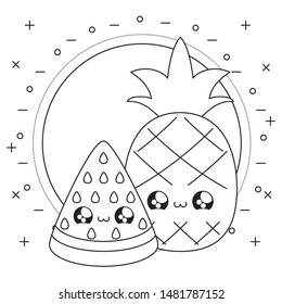 fresh healthy pineapple with watermelon fruits kawaii style