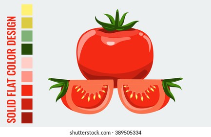 Fresh healthy red tomatoes with flat, solid style. Ideal for healthy lifestyle or diet design. Single tomato, half a tomato, a slice of tomato, cherry tomato. Vector stock illustration.