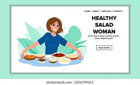 fresh healthy salad woman vector. female nutrition, girl young, vegetarian health fresh healthy salad woman web flat cartoon illustration