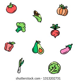 Fresh and healthy vector vegetables. Tomato, lettuce, corn, and other vegetables can be used as a background in any desired size. Also, you can use any vector separately.