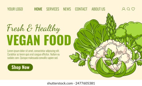 Fresh and healthy vegan food, vegetables. Order natural veggies, eco products, vegetarian food home delivery. Landing page vector template for website, web, grocery, online store, farmers market.