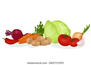 Fresh healthy vegetables banner. Vegetables ingredients for cooking borsch. Ukrainian red soup. Potatoes, beetroot, onion, carrot and cabbage, garlic. Flat vector on white background.